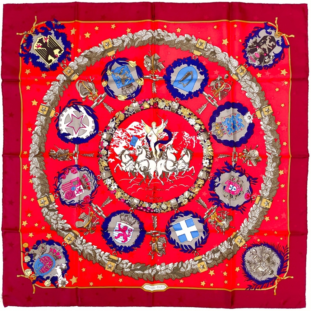 NWT Vintage Hermes  Scarf "Emblemes de l'Europe" in Red/Burgundy